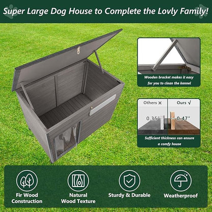 43.3" L Dog House Outdoor for Large Breeds Dogs Anti Chewing Iron Frames Dog Kennel Wooden Pet Houses for Indoor Outdoor with Weatherproof Roof,6 Elevated Feet, Reinforced Bottom Support