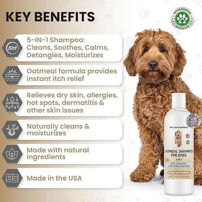 5-in-1 Premium Oatmeal Shampoo for Dogs, Gentle for Itchy & Sensitive Skin, Provides Itch Relief, Hypoallergenic & Soothing for Dry Skin, Moisturizing Anti-Itch, Made in USA, 16 oz [We Love Doodles]