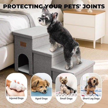 Dog Stairs 18" H, 3-Step Wider Dog Steps for High Beds Couch, Folding Storage Pet Stairs Gift for Small/Medium/Large Old Dogs Cats, Ramp for Climbing Car Up to 200 lbs, (Gray, with Condo)
