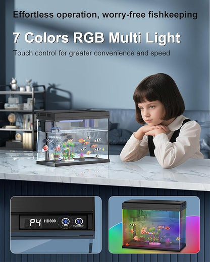 Fish Tank Aquarium Kit, 2.38 Gallon Beta Fish Aquariums, UHD Glass,Temperature Sensing, 7-Color Lighting Small Fish Tank for Kids/Desktop Decor