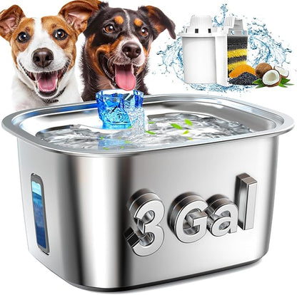 Dog Water Fountain for Large Dogs Stainless Steel, 3Gal Extra Large Dog Water Bowl Dispenser with 2 Filters & Visual Window, Automatic Filtered Pet Fountain Indoor, Quiet Safe Pump with LED Indicator
