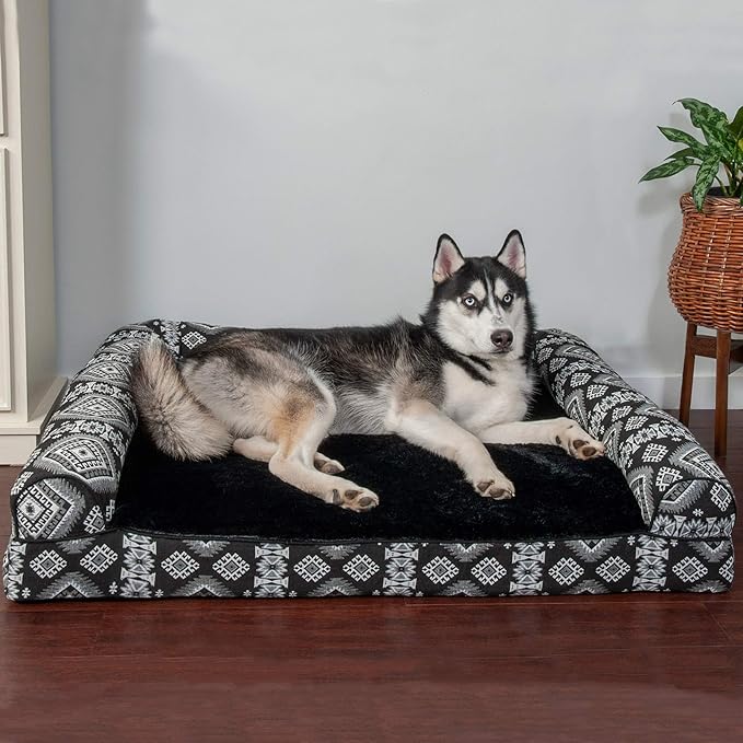 Furhaven Orthopedic Dog Bed for Large Dogs w/ Removable Bolsters & Washable Cover, For Dogs Up to 95 lbs - Plush & Southwest Kilim Woven Decor Sofa - Black Medallion, Jumbo/XL
