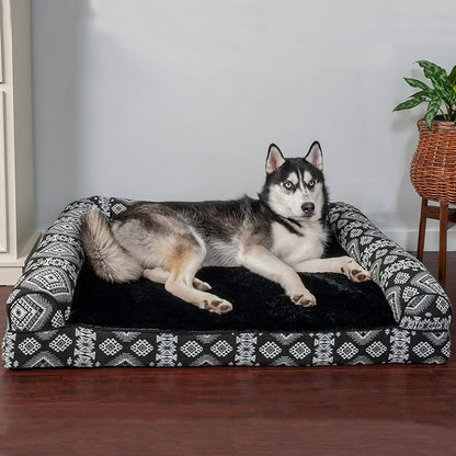 Furhaven Orthopedic Dog Bed for Large Dogs w/ Removable Bolsters & Washable Cover, For Dogs Up to 95 lbs - Plush & Southwest Kilim Woven Decor Sofa - Black Medallion, Jumbo/XL