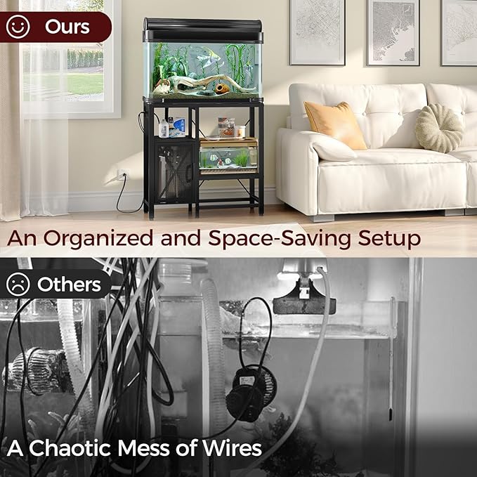 20-37 Gallon Fish Tank Stand, Aquarium Stand with Power Outlet and Storage Cabinet, Heavy Duty Tank Stand Suitable for Turtle Tank, Reptile Terrarium, for Home Office, Black FTHB40E01