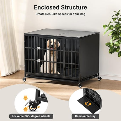 42 inch Heavy Duty Dog Crate with Self-Locking Latch, Indestructible Steel Large Kennel with Enclosed Design, Chew-Proof and Escape-Proof Pet Cage for High Anxiety Dogs