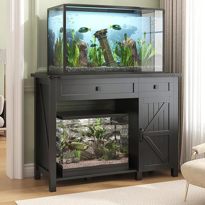 40 Gallon Aquarium Stand With Charging Station, Farmhouse Fish Tank Stand, Reptile Tank Stand Terrarium Stand with Drawer and Cabinet Storage, Sturdy Heavy Duty 41.9"×18.3" Tabletop - Black
