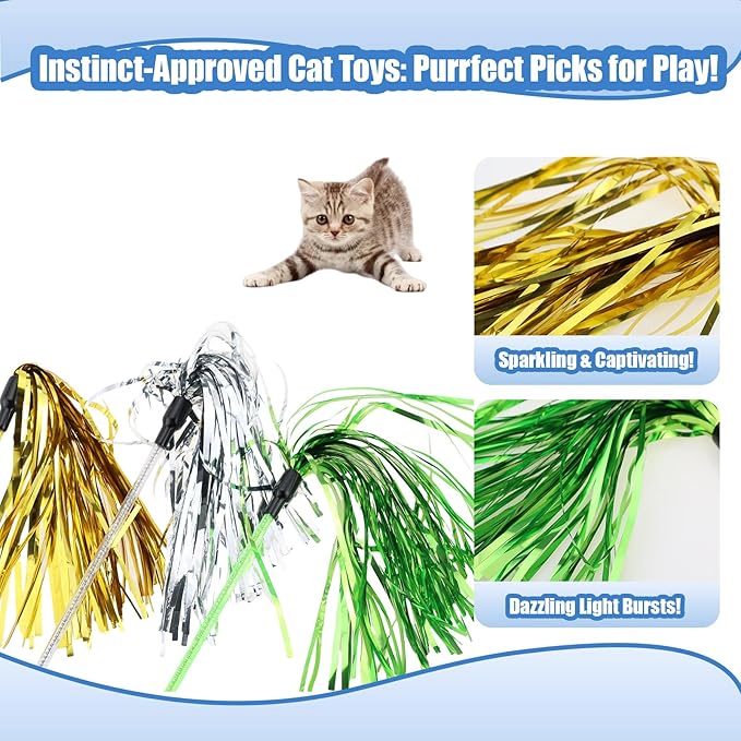 ADUCK Interactive Cat Teaser Wand Toy with Tassels - Durable Cat Chaser for Indoor Kitten Exercise, Boredom Relief & Training Play, Pack of 3 (Gold, Silver, Green)