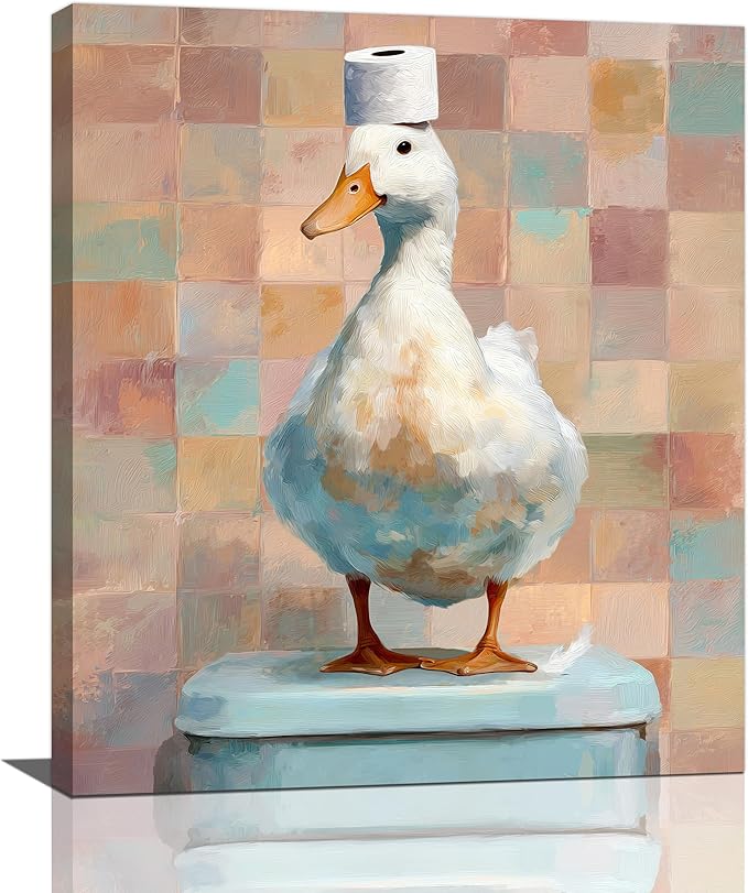 Funny Duck Bathroom Wall Art Cute Duck on Toilet Canvas Wall Decor Funny Quirky Farm Animal Pictures Painting Print Framed Artwork Decorations Gifts for Bathroom 20"x24"
