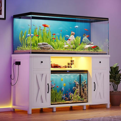 75 Gallon Fish Tank Stand with LED Light & Power Outlets, 55-75 Gallon Aquarium Stand with 2 Drawers & 2 Barn Doors, 52" L x 20" W Cabinet for 2 Fish Tank Accessories Storage, Turtle Tank, White