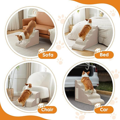 Dogs Steps for Bed, Dog Stairs for Small Dogs, 2-Step Dog Ramp for Bed, Couch, Sofa, and Chairs, Non-Slip Bottom Design, Cat Scratching, High Density Foam Portable Pet Step, Indoor, Beige