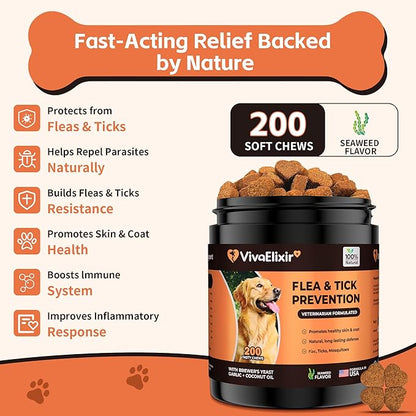 Flea and Tick Prevention for Dogs – 200 Soft Chews - Dog Flea and Tick Treatment & Oral Flea Pills – Skin & Coat Health - Made in USA - for Small, Medium, Large Dogs