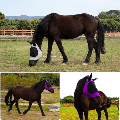 2 Piece Horse Fly Mask with Ears, Comfortable Fit Stretch Fabric Big Eye Space Soft Breathable with UV Protection for Full Horses (Purple-Gray)