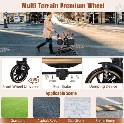 3 in 1 Multifunction Pet Stroller for Small Medium Dogs Cats, No-Zip Dog Stroller with Detachable Carrier & Cup Holder, One-Hand Quick Fold, 4 Wheels Travel Foldable Aluminum Alloy Frame Up to 33 lbs