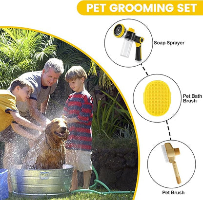 Dog Washing Hose Attachment, 10-in-1 Soap Sprayer Moden Garden Hose Nozzle with 100cc Soap Dispenser, Dog Wash Supplies with Dog Bath Brush & Pet Comb, Foam Gun Car Wash Sprayer (Yellow)
