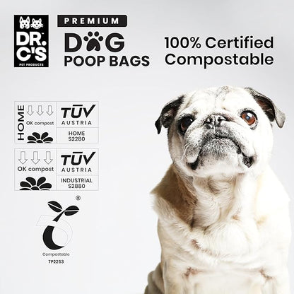 100% Certified Compostable Dog Poop Bags - Dr. C's Premium Dog Poop Bags - 120 Bags / 8 Rolls, Extra thick, Leak Proof, Unscented, Plant Based and Earth Friendly