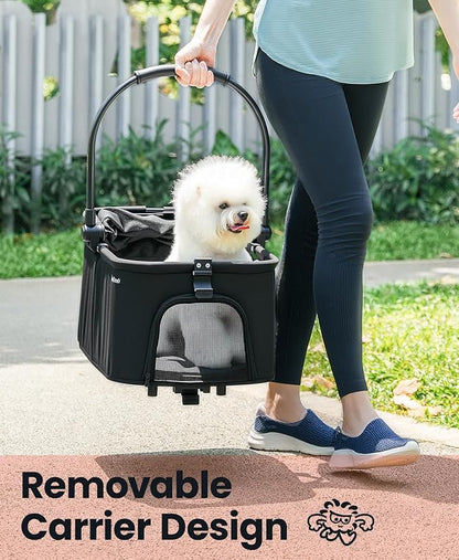 4 Wheels Pet Stroller, Dog Stroller for Small/Medium Dogs and Cats up to 33 lbs, One-Click Fold & Draggable, Removable Carrier, Zipperless Entry, Mesh Windows, Black
