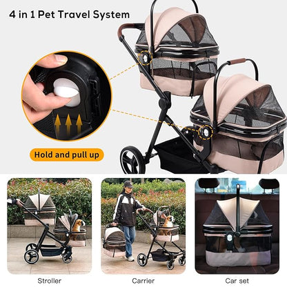 Foldable Double Pet Stroller for 2 Small Medium Cats Dogs, Lightweight Single and Double Integrated Pet Stroller with Detachable Carriers
