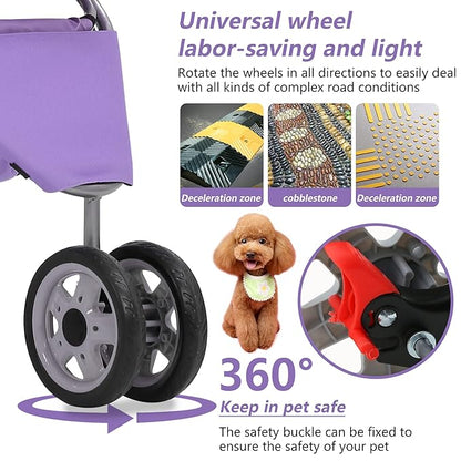 Dog Stroller,3 Wheels Travel Folding Pet Strollers for Small Medium Dog Cat Jogger Stroller with Storage Basket Removable Liner Purple