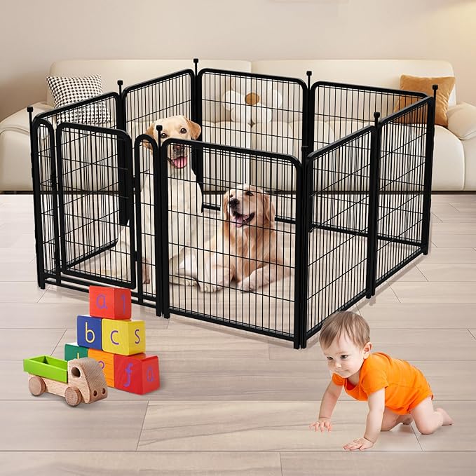Dog Playpen 36inch 4 Panels, Puppy Playpen Indoors, Dog Fences Outdoor for Yard, Wide Door Low Threshold Garden Fencing for Medium/Large Pets. Black Pens Total 8.9 Ft(L)