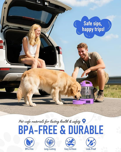 77oz Dog Travel Water Bottle, Large Portable Dog Water Bowl Dispenser, Leakproof Pet Drinking Bottle Dispenser for Hiking Camping Walking Travelling Beach Car Trips, No Spill, BPA Free,Purple