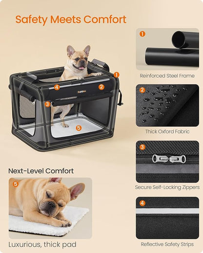 Feandrea Collapsible Dog Crate, 24-Inch Portable Dog Travel Crate for Small Dogs, Oxford Fabric Pet Carrier with 4 Mesh Doors, Handles, Storage Pocket, Water Bottle Holder, Ink Black UPDC016B01