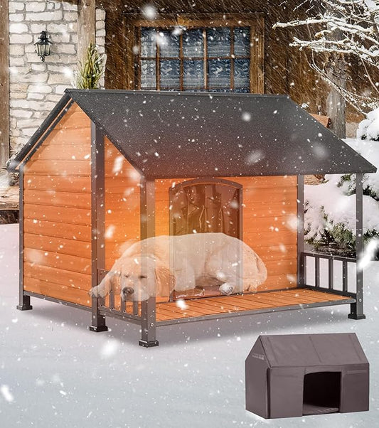 Extra Large Dog House Outdoor for Large Dogs, Insulated Dog House with Metal Frame, Waterproof Dog Shelter with Asphalt Roof, PVC Curtain & Multifunctional Patio, Indoor Outdoor Use
