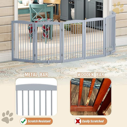Freestanding Pet Gate for Dogs, Indoor Wooden Foldable Dog Gate for House, Extra Wide, Pet Fence for Stairs, Doorways, Halls, Support Feet Included, 120 Inch Wide, 6 Panels 32",Grey