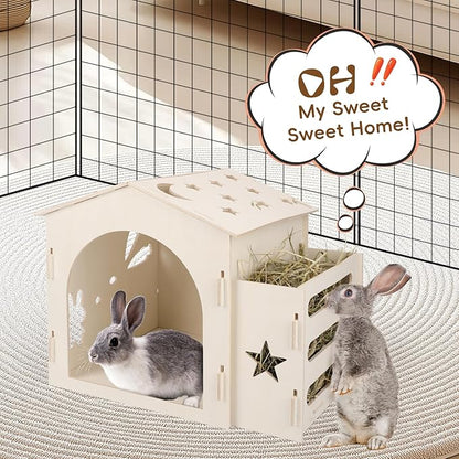 Extra Large Rabbit House & Rabbit Hay Feeder, Indoor Bunny Hideout with Feeder, Small Animal Houses & Habitats and Guinea Pig Hay Feeder