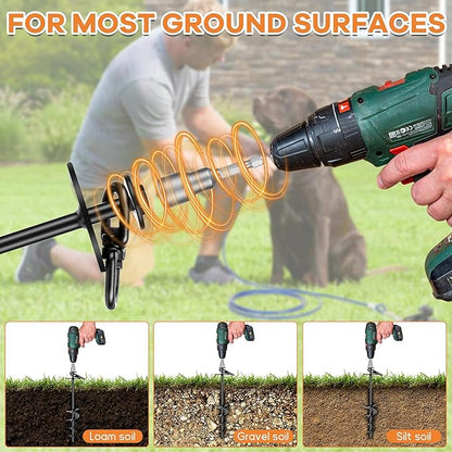 Dog Tie Out Stake, Heavy Duty 360°Swivel Dog Outside Lead Cable, Screw in Spike Auger Ground Stake Anchors with Power Nut Drill Bit, T Wrench and Leash, for Yard Camping Beach