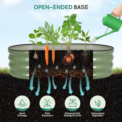 Galvanized Raised Garden Bed - 4×2×1ft (2 Packs) Planter Raised Beds for Gardening | Oval Metal Garden Planter Box with Safety Edging and Gloves for Vegetables Fruits and Flower OliveGreen