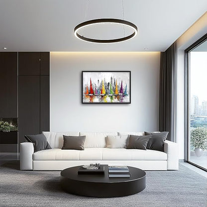 Framed Large Sailboat Wall Art for Living Room, Oversized Abstract City Wall Decor Colorful Sailboat Canvas Painting Pictures Modern Artwork for Living Room Bedroom Office Dinging Room 36"x24"