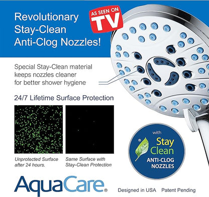 AquaCare High Pressure 8-mode Handheld Shower Head - Anti-clog Nozzles, Built-in Power Wash to Clean Tub, Tile & Pets, Extra Long 6 ft. Stainless Steel Hose, Wall & Overhead Brackets