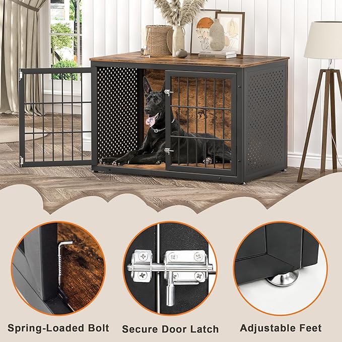 48" Rustic Heavy Duty Dog Crate Furniture for Extra Large Dogs, Metal Kennel for High Anxiety Dogs, Wooden Cage Furniture Indoor, Decorative Dog Kennel End Table, XL