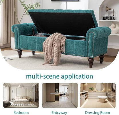 58’’ Storage Bench for Bedroom, Upholstered Button-Tufted Ottoman with Solid Wood Legs, Queen Size End of Bed Shoe Cabinet, Window Seat Foot Rest Stool for Entryway, Living Room (Teal)