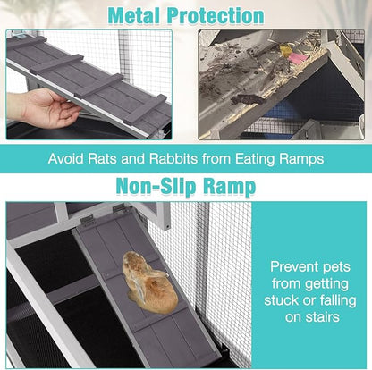62" Rabbit Hutch with Chew-Proof Ramp & Waterproof Roof - Indoor/Outdoor Bunny Cage, 2-Story Design, 6 Lockable Caster Wheels & Dual Pull-Out Trays (Grey)