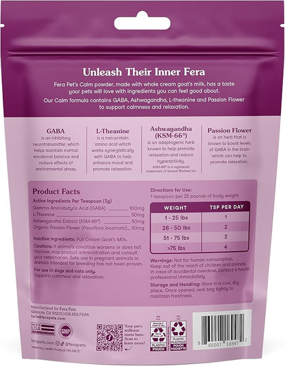 Fera Pets Goat Milk - Calming Supplement for Dogs & Cats - Ashwagandha, L-Theanine, & Passion Flower - Supports Anxiety Relief & Relaxation - for Picky Eaters - 60 TSP
