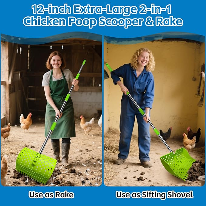 12-Inch 2-in-1 Chicken Poop Scooper & Rake – US Patent Pending – 3-Shape Sifting Holes Chicken Coop Rake，Stainless Steel Handle （20–61"）– Litter Scoop Sand & Sifting Shovel for Chicken Coops(Green)
