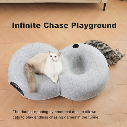 8-Shaped Large Cat Tunnel Bed for Indoor Cats, Infinite Circulation Peekaboo Cat Cave with 12 Toy Balls, Cat Donut Tunnel for Cats up to 30 Pounds (Light Grey, L 38x24x11in)