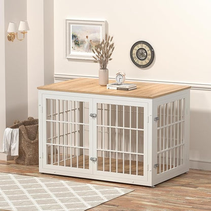 48 Inch Heavy Duty Dog Crate Furniture for Large Dogs, Decorative Pet House End Table, Extra Large Wooden Cage Kennel Furniture Indoor, Natural and White