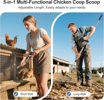 15" Widely Chicken Coop Poop Scooper- Ergonomic Chicken Poop Scooper with 38" to 77" Adjustable Long Handle, Extra-Large Scoop for Sand and Litter, Easy-to-Clean, Multi-Scene Use for Poultry