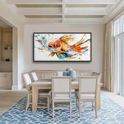 Framed Large Fish Wall Art for Living Room, Oversized Graffiti Goldfish Wall Decor Watercolor Fishing Canvas Painting Modern Artwork Home Decoration for Living Room Bedroom Office 60"x30"