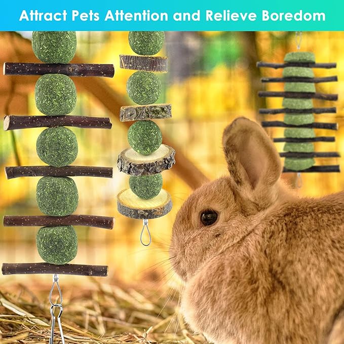 ERKOON Bunny Chew Toys, Rabbit Chew Toys for Teeth Grinding, Improve Dental Health, 100% Natural Apple Wood Timothy Grass Cake Treats for Rabbits Guinea Pigs Chinchillas Bunnies Hamsters (3 Pcs)