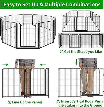 Dog Playpen Outdoor Extra Wide 12 Panels Heavy Duty Anti-Rust Coating-Strengthened Dog Fence 40" Height with Doors Portable for RV Camping Yard, Total 32FT, 79 Sq.ft, Snowy Black