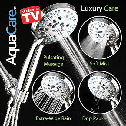 AquaCare High Pressure 8-mode Handheld Shower Head - Anti-clog Nozzles, Built-in Power Wash to Clean Tub, Tile & Pets, Extra Long 6 ft. Stainless Steel Hose, Wall & Overhead Brackets