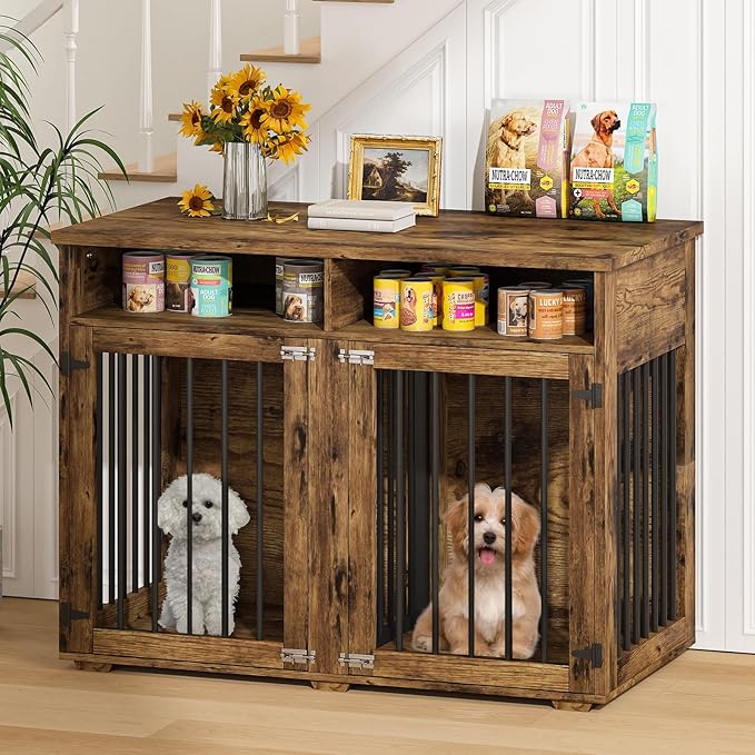 Furniture Dog Crate for 2 Dogs, 41 Inch Dog Kennel Furniture with Removable Divider and Shelf Storage, Wooden Dog Crate for Small/Medium Dogs, Rustic Brown