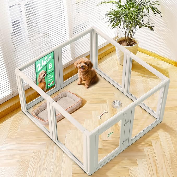 FXW AuraSpace Acrylic Indoor Unleashed Dog Playpen for Puppies and Small Dogs, 24 Inch, 8 Panels, White