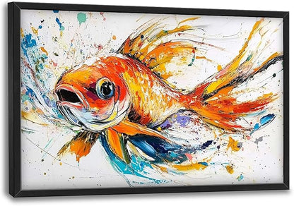 Framed Large Fish Wall Art for Living Room, Oversized Graffiti Goldfish Wall Decor Watercolor Fishing Canvas Painting Modern Artwork Home Decoration for Living Room Bedroom Office 36"x24"