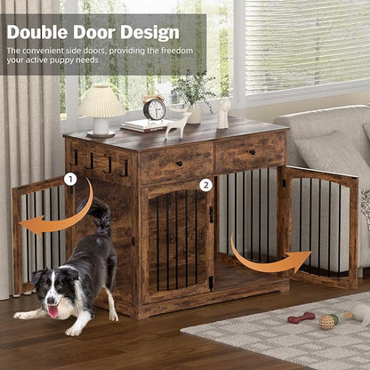 40 Inch Furniture-Style Dog Crate-Multipurpose Wood Pet Crate Furniture with Double Doors,2 Drawers, Decorative Dog House Indoor for Smal/Medium Dogs, Brown Finish
