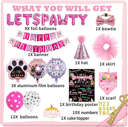 Dog Party Supplies Decorations - Cute Bandana, Let's Pawty Banner, Cake Topper, Hat, Pink Bowtie, Tutu Skirt, Paw Balloon for Birthday Celebration
