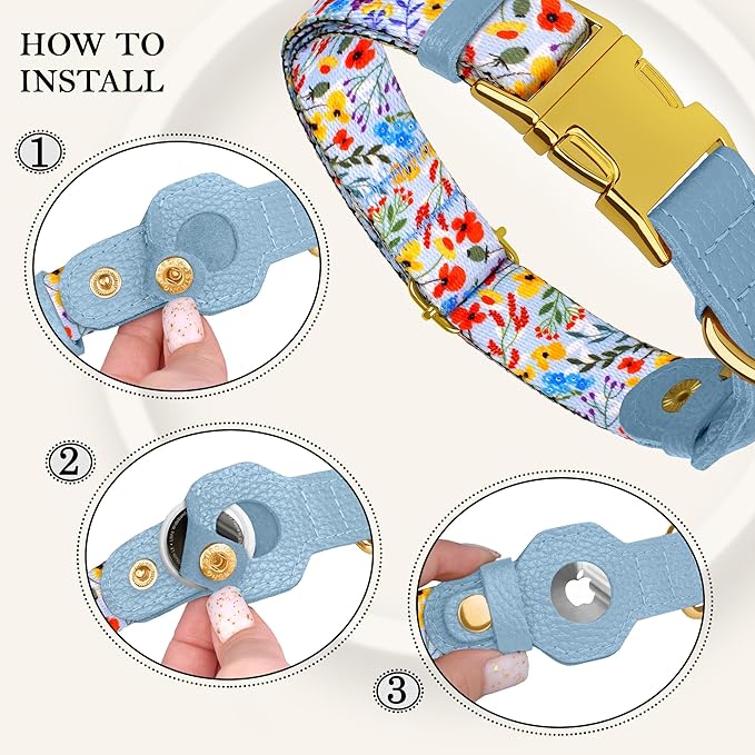 AirTag Dog Collar for Small Medium Large Breed - Adjustable Cute Pattern Dog Collar with Airtag Holder - Soft Leather Tracker GPS Apple Air Tag Pet Collars (Large, 17"-21" Neck Fit, Floral)